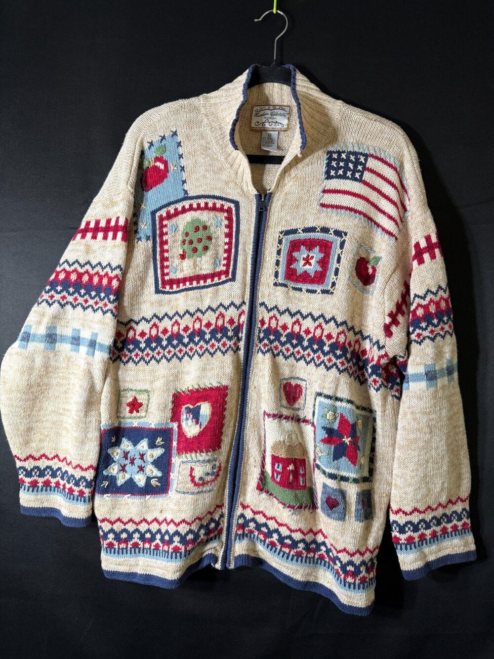 VTG 2002 Heirloom Collectibles 2X Americana Patchwork Zip Cardigan USA